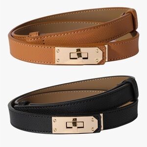 NEW! Geniuine Leather Belt Set in Black & Caramel Color with Gold Buckle 2 Pcs